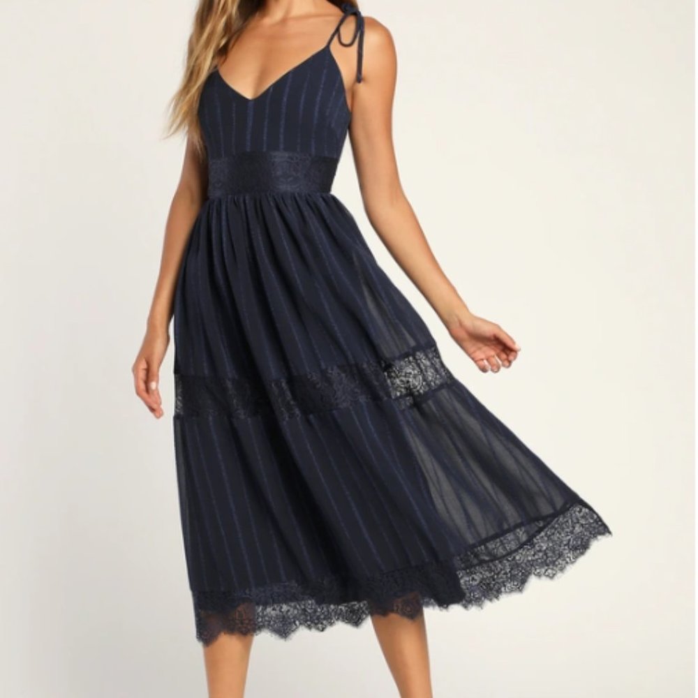 Lulus (M) - Love the Day Navy Lace Tie-Strap Midi Dress